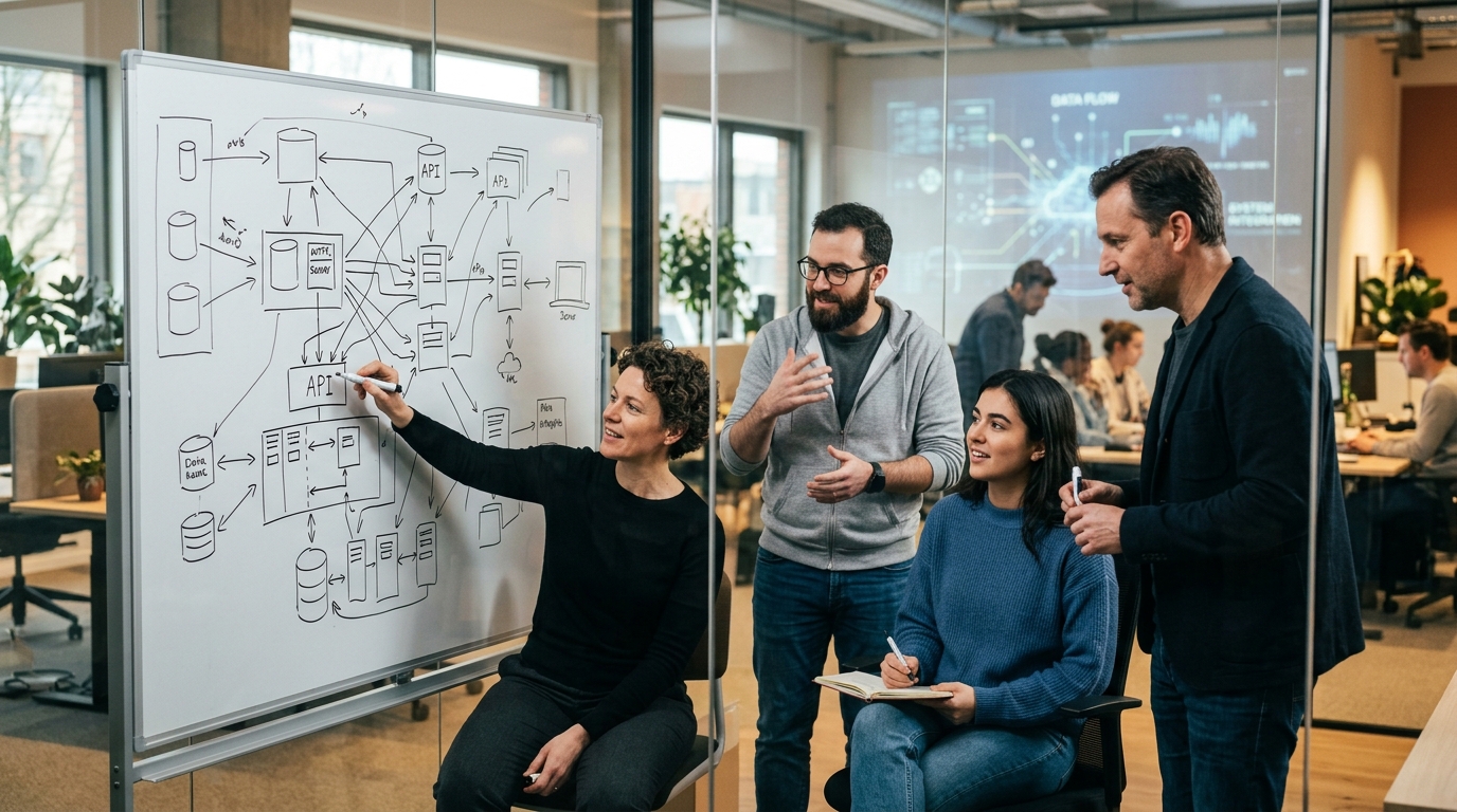 Huan Kai Chen leading a team in architectural design for distributed systems.